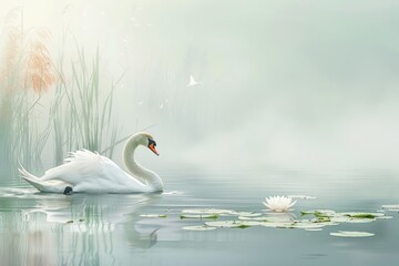 Fototapeta premium A serene scene of a mute swan gliding on a calm lake, surrounded by reeds and lily pads.
