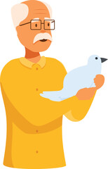 Elderly man is gently holding a white dove, representing peace, hope, and tranquility