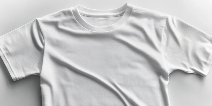 A simple white t-shirt on a plain white background, ideal for use in fashion or design projects