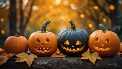 Fototapeta premium Pumpkins over beautiful autumnal nature, falling leaves and bokeh background. Concept of Thanksgiving day or Halloween