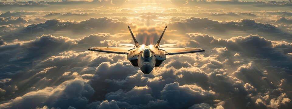 F-22 Raptor Soaring Through the Clouds at Sunset