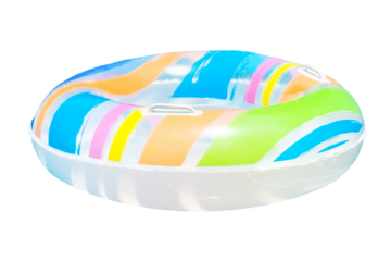 Isolated brightly colored inflatable swim ring with vibrant stripes, perfect for summer pool days or beach vacations