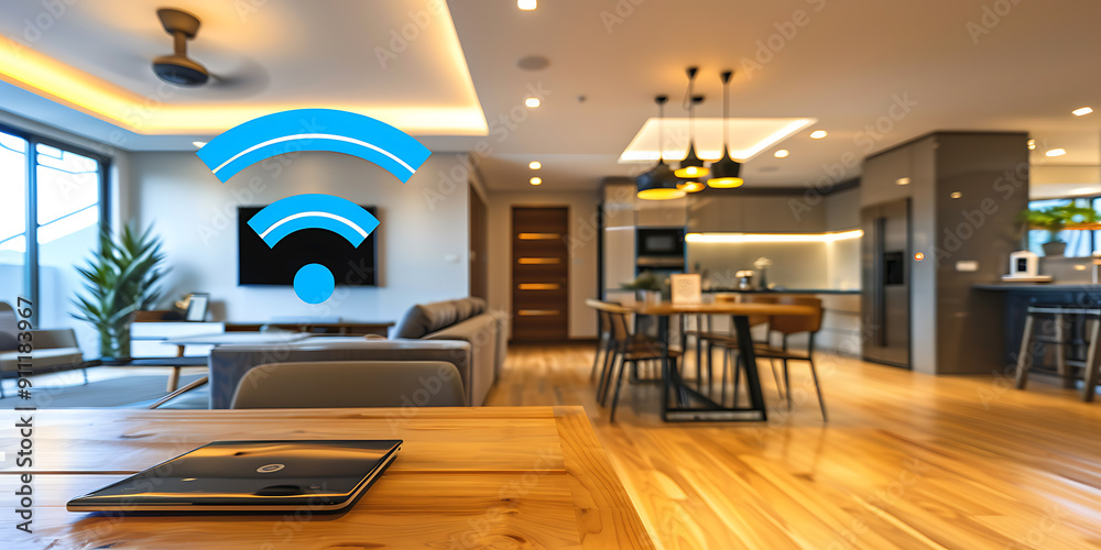 Wall mural a blue wifi symbol and a black tablet on a wooden table in a modern living room, showcasing the conc