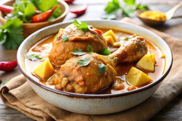 Delicious Chicken Curry with Potatoes and Parsley (Thai Massaman Curry with Chicken).