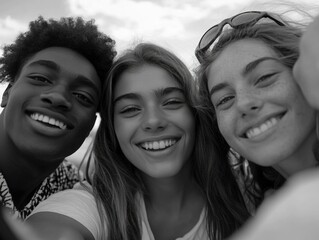 A group of friends or family members taking a selfie together, with smiles and laughter