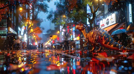 Obraz premium Dinosaur in the City Rain