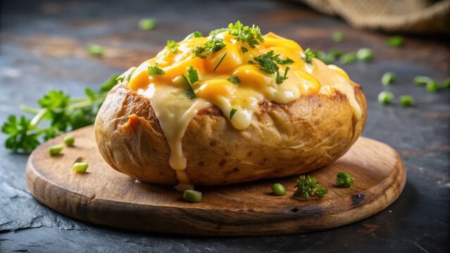 Freshly baked jacket potato topped with melted fresh cheese, jacket potato, fresh cheese, baked, melted, food, delicious