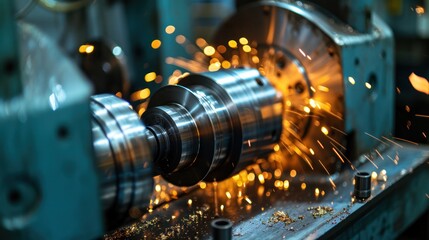 Obraz premium Finishing metal working on lathe grinder machine with sparks tool