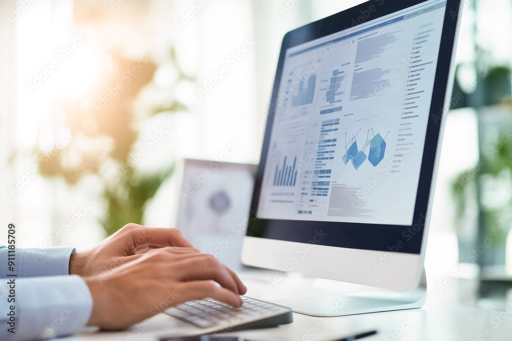 Poster conducting a thorough analysis of financial data using a modern computer while situated in a profess