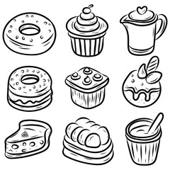 Collection of vector illustrations in line art style of hand drawn food sweets, coffee, cakes, ice cream, cupcake