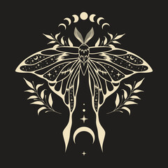 Mystic moth vector illustration. Magic moon, occult, print, poster.