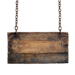 Empty Wooden Sign Hanging With Rustic Chain Isolated on White Background