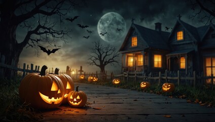 Fototapeta premium Spooky Halloween illustration for kids carwed pumpkins and copy space in the middle