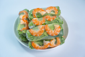 Plate of delicious Vietnamese fresh salad shrimp rolls, Goi Cuon