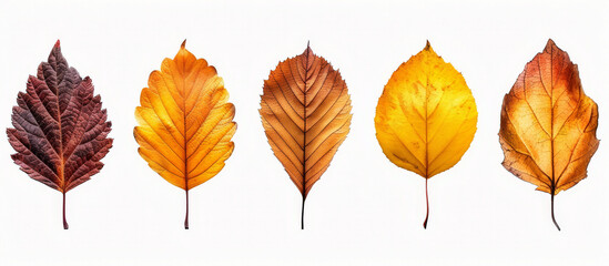 Obraz premium Five colorful autumn leaves showing a range of colors from yellow to brown are isolated on a white background