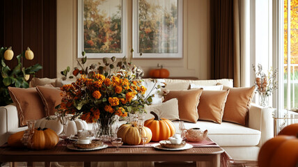Classic living room with sofa and table setting decorated with pumpkins and flowers for thanksgiving day