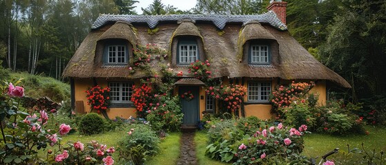 A charming country cottage with a thatched roof and a garden with pink flowers