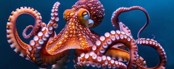 Fototapeta premium A realistic octopus with extended tentacles, on a solid navy blue background