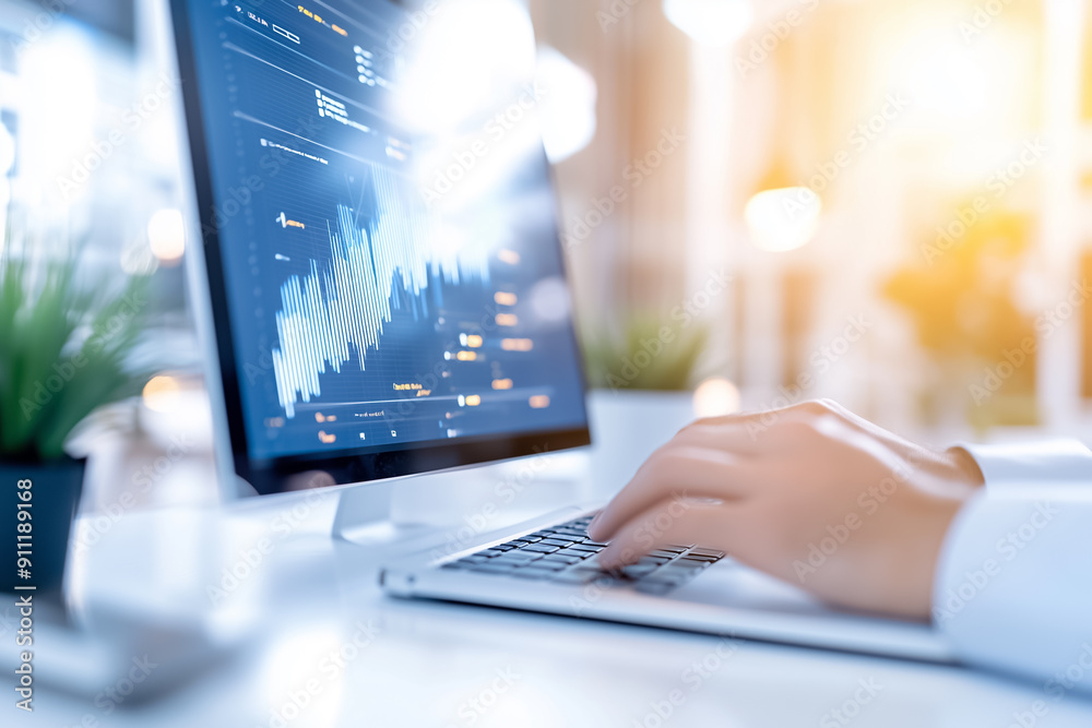 Poster conducting a thorough analysis of financial data using a modern computer while situated in a profess