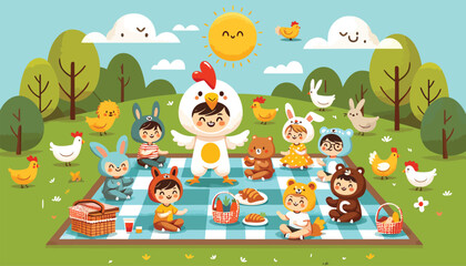 cartoon boy in a chicken costume enjoying a picnic with other children dressed as various animals