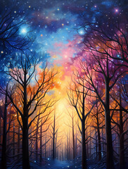 Obraz premium A magical forest with tall trees and a colorful sky, glowing stars in the background
