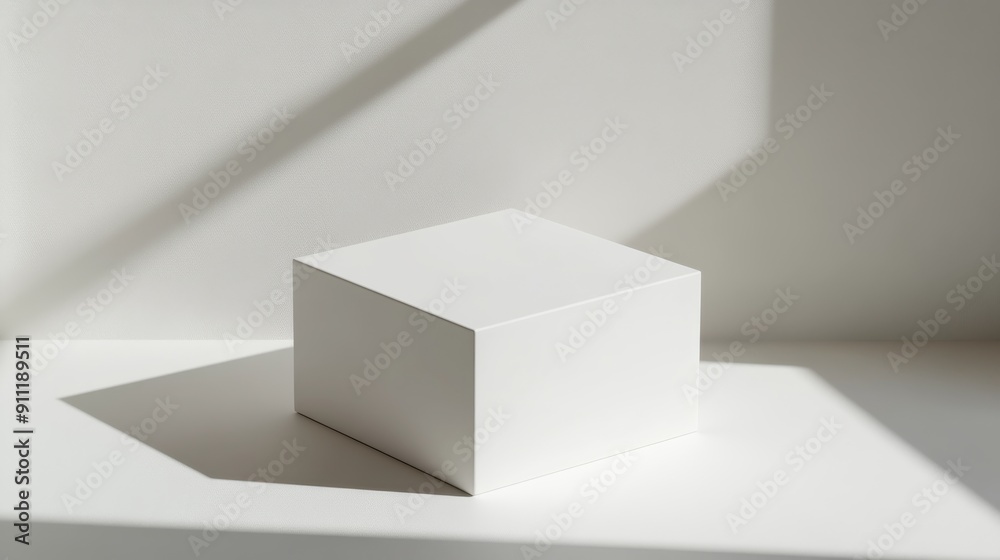 Wall mural high angle studio shot of a 3d box mockup with soft natural light and a white background creating a 