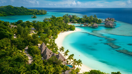Fototapeta premium Aerial view of a tropical paradise with turquoise waters, white sandy beaches, lush greenery, and luxurious overwater bungalows surrounded by serene ocean