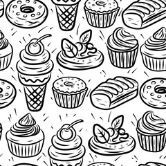 seamless pattern in line art style, repeating pattern. Design for food packaging, sweets, coffee, cake, ice cream, cupcake, vector