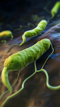 Microscopic view of helicobacter pilori bacteria with vibrant green colors and fine hair-like structures creating a detailed biological scene