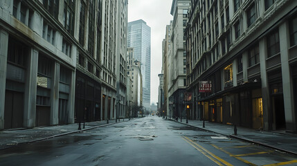 Fototapeta premium A deserted city street showcases tall buildings and a somber atmosphere under cloudy skies with scattered debris on the pavement