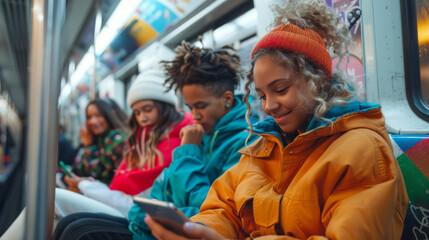Multiracial Teenagers Using Smartphone on Busy Subway Train. Generative ai.