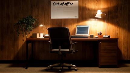 office space: room with a computer and message "out of office"; memo on office workplace; holiday announcement, day off 
