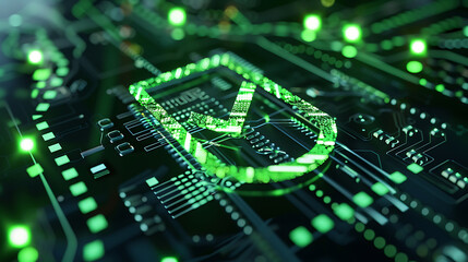 Fototapeta premium A glowing green arrow on a dark circuit board, symbolizing digital progress and innovation. 