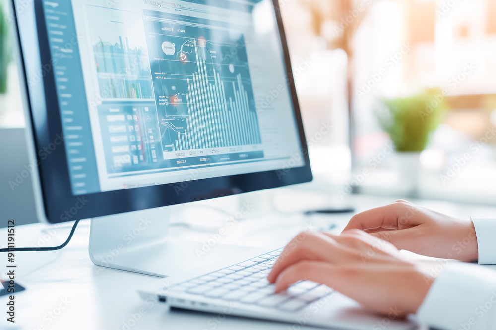 Poster conducting a thorough analysis of financial data using a modern computer while situated in a profess