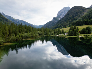 Forest lake Hintersee between mountains and forest in Berchtesgaden, Bavaria