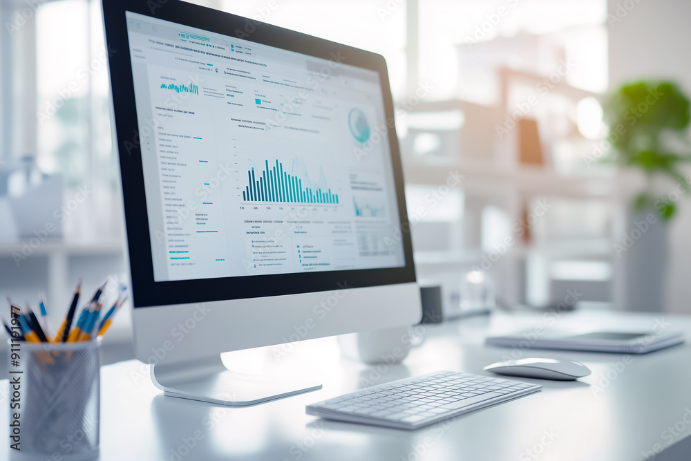 Poster modern data analysis dashboard featuring various graphs and charts aimed at delivering valuable busi