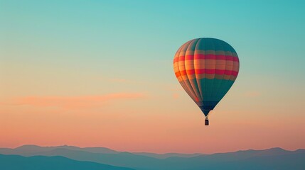Obraz premium Colorful hot air balloon flying over mountains at sunset.