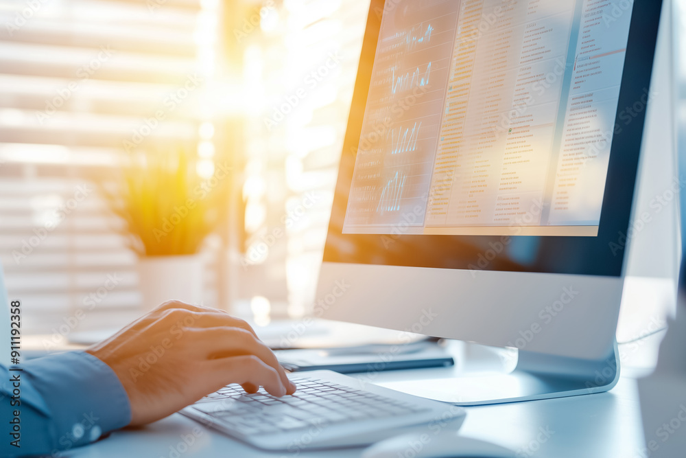 Poster conducting a thorough analysis of financial data using a modern computer while situated in a profess