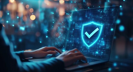 Blue neon cybersecurity shield glowing on a laptop, digital data protection concept.