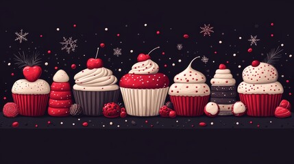 A delightful display of festive cupcakes adorned with cherries and sprinkles, set against a dark, wintry background.