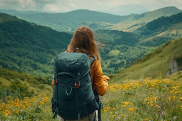 A rear view of a female traveller with a backpack facing beautiful mountains. 