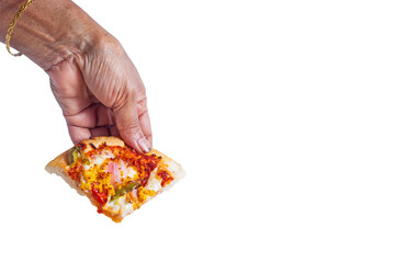 Female hand holding a slice of pizza isolated on a white background.