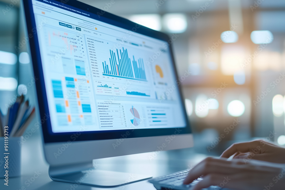 Poster conducting a thorough analysis of financial data using a modern computer while situated in a profess