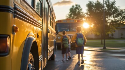 Elementary School Students Walking Home After School in the Golden Hour