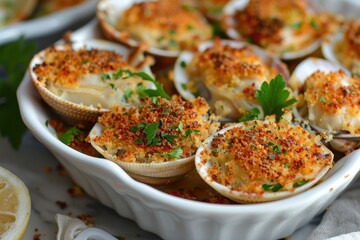 A serving of baked stuffed clams, topped with a crispy breadcrumb mixture and garnished with parsley.