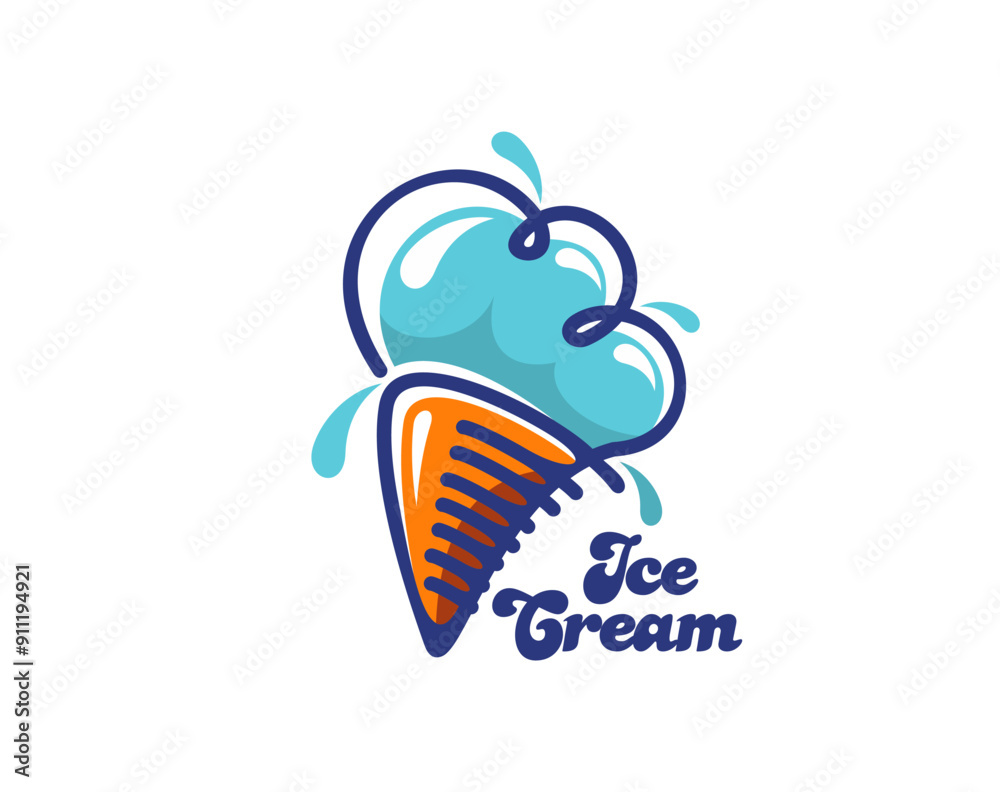 Wall mural Ice cream waffle cone icon, gelato dessert. Vector isolated emblem featuring blue frozen summer food scoops on a crispy wafer cup. Tempting sundae choco delight, refreshing, sweet icecream snack