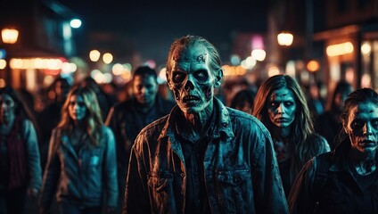 Fototapeta premium Zombie crowd walking at night, halloween concept,illustration painting