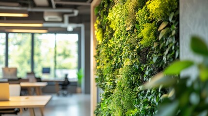 Green Wall in Modern Office Interior Design with Blurred Background of Desks and Windows