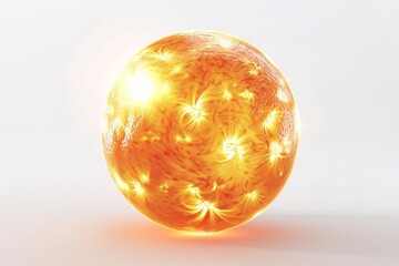 Glowing orange sphere with white light bursts on a white background.