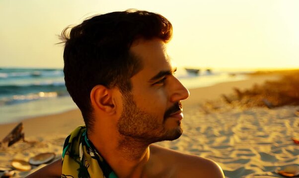 Portrait video of a Vietnamese man in his 30s wearing a foulard against a beach background